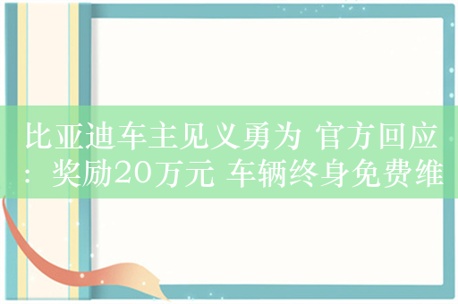 比亚迪车主见义勇为 官方回应：奖励20万元 车辆终身免费维修保养