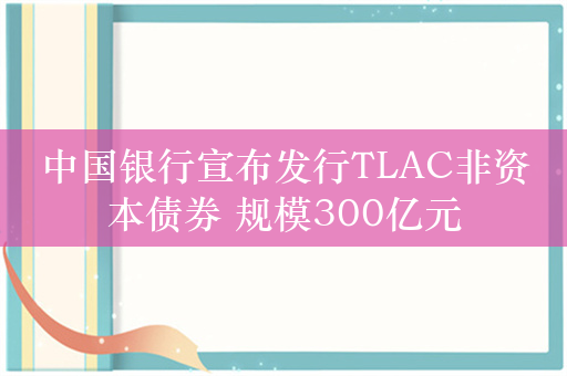 中国银行宣布发行TLAC非资本债券 规模300亿元