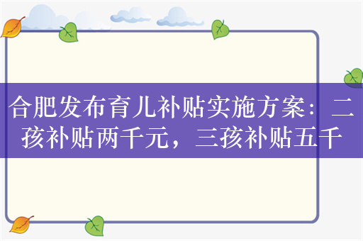 合肥发布育儿补贴实施方案：二孩补贴两千元，三孩补贴五千元