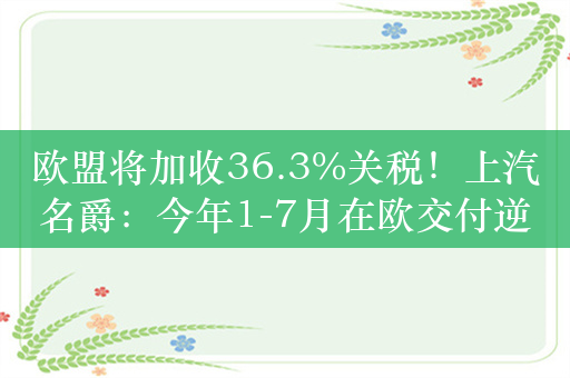 欧盟将加收36.3%关税！上汽名爵：今年1-7月在欧交付逆势增长10%